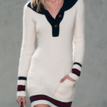 Retro Varsity Cream Mohair Knit Mini Dress Navy Collar Stripe Trim