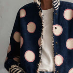 Retro Varsity Navy Suede Polka Dot Frayed Edge Striped Rib Bomber Jacket