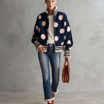 Retro Varsity Navy Suede Polka Dot Frayed Edge Striped Rib Bomber Jacket