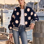 Retro Varsity Navy Suede Polka Dot Frayed Edge Striped Rib Bomber Jacket