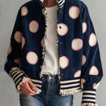 Retro Varsity Navy Suede Polka Dot Frayed Edge Striped Rib Bomber Jacket