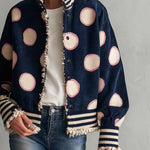 Retro Varsity Navy Suede Polka Dot Frayed Edge Striped Rib Bomber Jacket