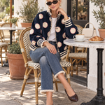 Retro Varsity Navy Suede Polka Dot Frayed Edge Striped Rib Bomber Jacket