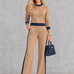 Color-blocked Trim Light Brown Knit Top And Pants Set