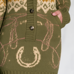 Retro Western Olive Fair Isle Mini Sweater Dress With Horseshoe Motif