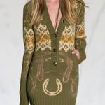 Retro Western Olive Fair Isle Mini Sweater Dress With Horseshoe Motif