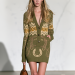 Retro Western Olive Fair Isle Mini Sweater Dress With Horseshoe Motif