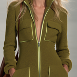 Women's Olive Green Fleece Zip-Up Jumpsuit With Lime Contrast Trim, Retro Wide-Leg