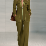 Women's Olive Green Fleece Zip-Up Jumpsuit With Lime Contrast Trim, Retro Wide-Leg