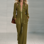 Women's Olive Green Fleece Zip-Up Jumpsuit With Lime Contrast Trim, Retro Wide-Leg