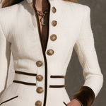 Retro Ivory Tweed Mini Dress With Velvet Trim, Gold Buttons And Ruffle Hem