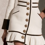 Retro Ivory Tweed Mini Dress With Velvet Trim, Gold Buttons And Ruffle Hem
