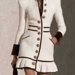 Retro Ivory Tweed Mini Dress With Velvet Trim, Gold Buttons And Ruffle Hem