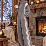 Casual Loose-fitting White Striped Gray Fleece Zip-up Jumpsuit