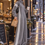 Casual Loose-fitting White Striped Gray Fleece Zip-up Jumpsuit