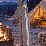 Casual Loose-fitting White Striped Gray Fleece Zip-up Jumpsuit