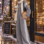 Casual Loose-fitting White Striped Gray Fleece Zip-up Jumpsuit