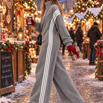 Casual Loose-fitting White Striped Gray Fleece Zip-up Jumpsuit