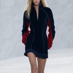 Women's Retro Color-Block Fleece Mini Dress With Ruffle Hem And Half-Zip