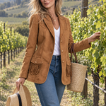 Retro Western Faux Suede Fringe Jacket With Notched Lapels And Pockets