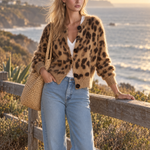 Women's Retro Leopard Print Brown Mohair Cardigan, Vintage Casual Elegant Knit Sweater