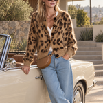 Women's Retro Leopard Print Brown Mohair Cardigan, Vintage Casual Elegant Knit Sweater