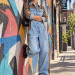 Loose-fitting Retro Leopard Print Patchwork Light Blue Denim Wide-leg Jumpsuit