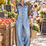 Loose-fitting Retro Leopard Print Patchwork Light Blue Denim Wide-leg Jumpsuit