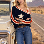 Casual Retro Navy Blue One-shoulder Color-blocked Five-pointed Star Sweater