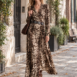 Vintage-Inspired Bohemian Leopard-Print Faux Suede V-Neck Wrap Maxi Dress