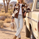 Western Cowgirl Cow Print Faux Suede Button Up Oversized Womens Trucker Jacket