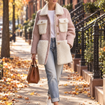 Retro Chic Pink Herringbone Wool Blend Sherpa Collar Gold Button Oversized Coat