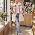 Retro Chic Pink Herringbone Wool Blend Sherpa Collar Gold Button Oversized Coat