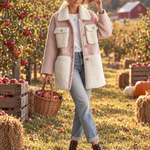 Retro Chic Pink Herringbone Wool Blend Sherpa Collar Gold Button Oversized Coat