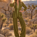 Women's Olive Green Fleece Zip-Up Jumpsuit With Lime Contrast Trim, Retro Wide-Leg