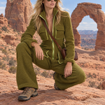 Women's Olive Green Fleece Zip-Up Jumpsuit With Lime Contrast Trim, Retro Wide-Leg