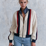 Casual Retro PU Striped Off-White Fleece Bomber Jacket