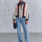 Casual Retro PU Striped Off-White Fleece Bomber Jacket