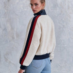 Casual Retro PU Striped Off-White Fleece Bomber Jacket