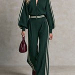 Sporty Retro Casual Color-blocked Striped Green Zip-up Sweatshirt And Pants Set