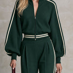 Sporty Retro Casual Color-blocked Striped Green Zip-up Sweatshirt And Pants Set