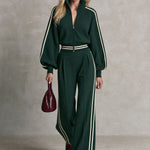Sporty Retro Casual Color-blocked Striped Green Zip-up Sweatshirt And Pants Set