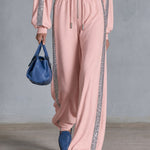 Retro Casual Silver Ribbon Pink Stand-up Collar Waist-cinching Cotton Jumpsuit