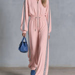 Retro Casual Silver Ribbon Pink Stand-up Collar Waist-cinching Cotton Jumpsuit