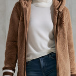 Casual Retro Striped Camel Double-faced Fleece Hooded Coat