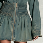 Vintage Military Teal Wash Smocked Waist Bronze Button Long Sleeve Denim Mini Dress