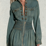 Vintage Military Teal Wash Smocked Waist Bronze Button Long Sleeve Denim Mini Dress