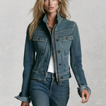 Classic Western Stand Collar Zip Up Fitted Cropped Medium Wash Denim Jacket