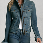 Classic Western Stand Collar Zip Up Fitted Cropped Medium Wash Denim Jacket