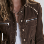 Vintage Boho Brown Lace Trim Striped Cuff Fitted Button Front Denim Jacket